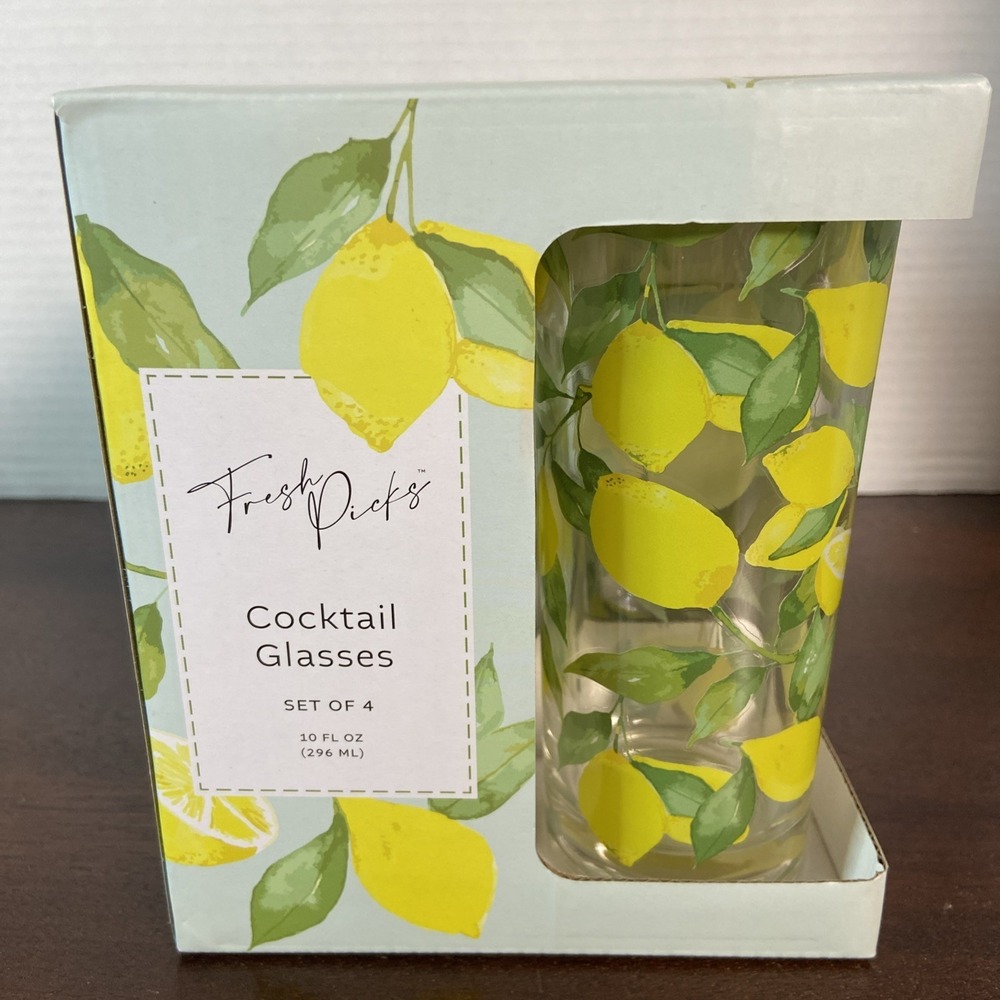 Set of 4 Fresh Picks Lemon Highball Glasses Lemonade Iced Tea Cocktail Tumblers